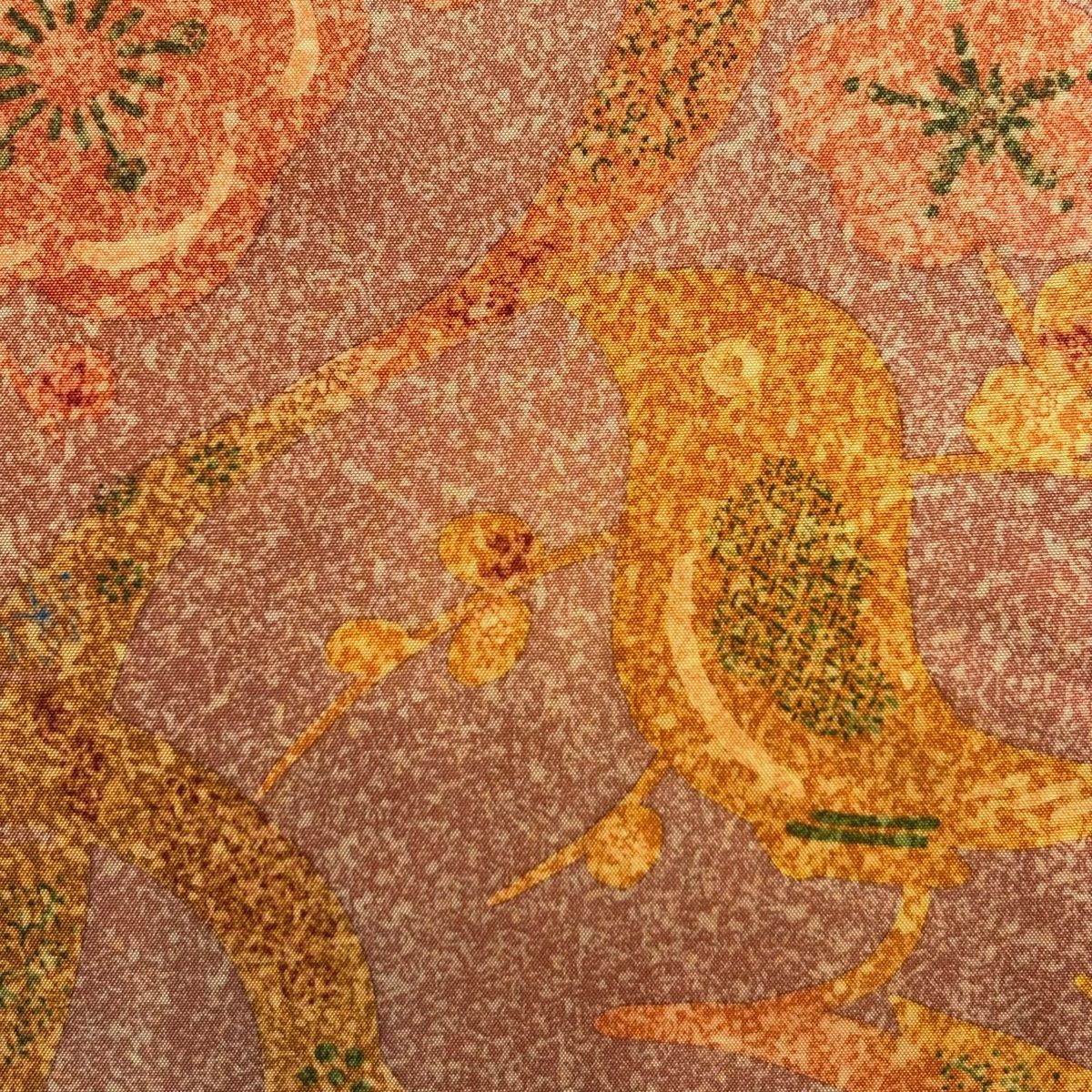 袋帯 落款 証紙 大島紬地 梅 鶯 ぼかし 赤茶 お太鼓柄 正絹