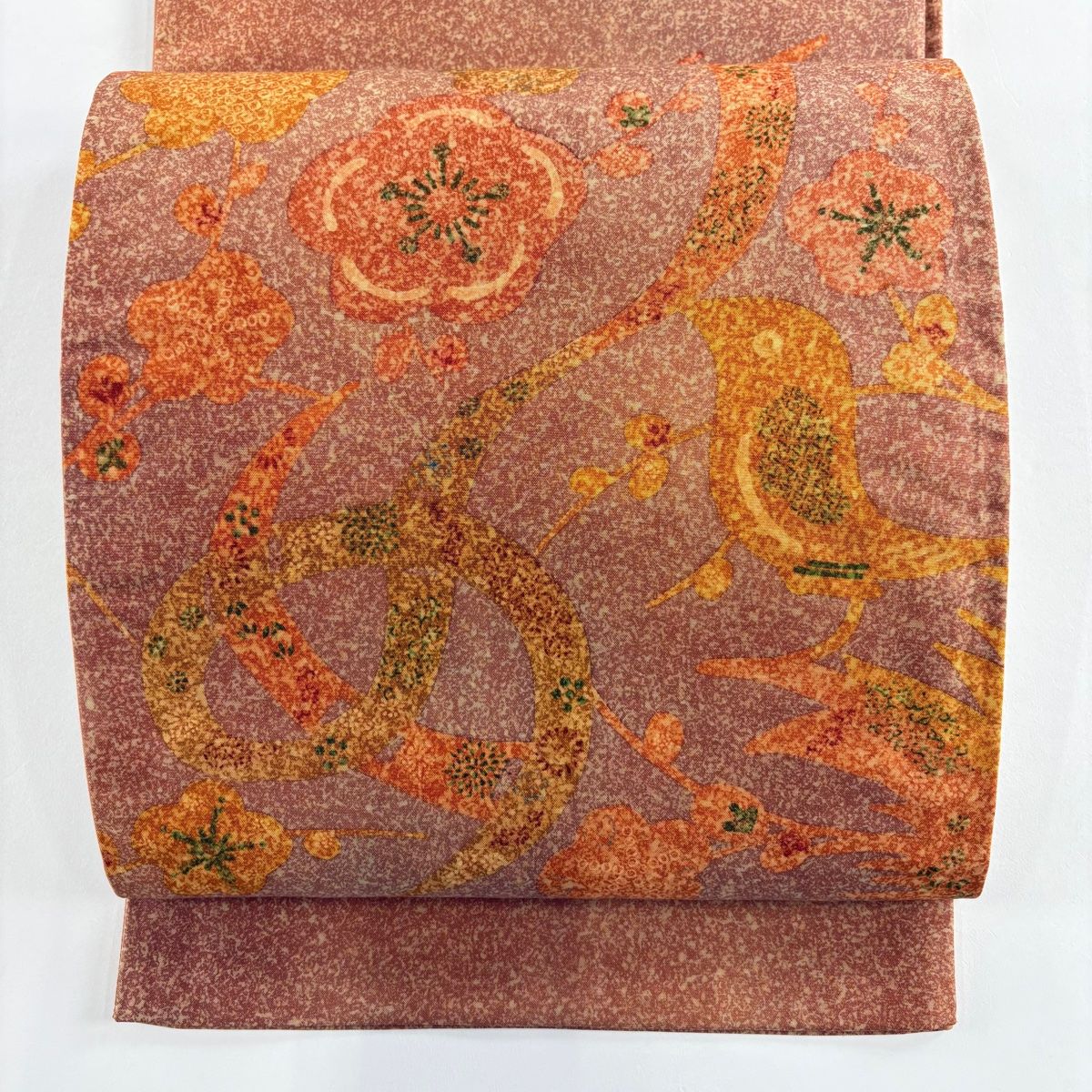 袋帯 落款 証紙 大島紬地 梅 鶯 ぼかし 赤茶 お太鼓柄 正絹