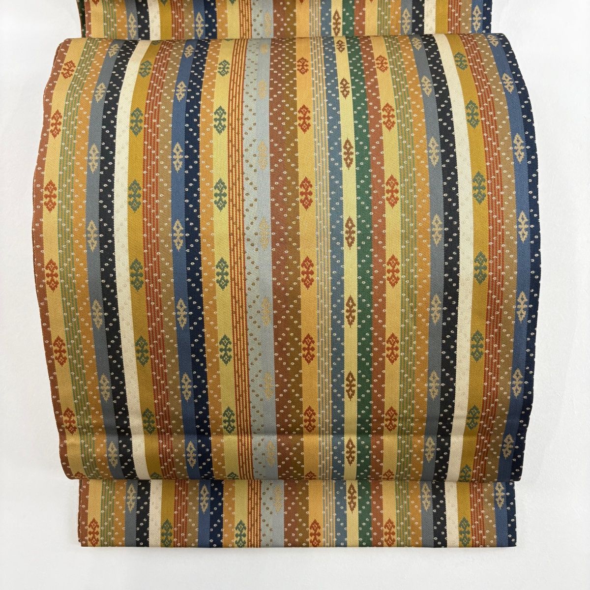 開き名古屋帯 龍村美術織物 比翼仕立て 天平段文 茶緑色 正絹