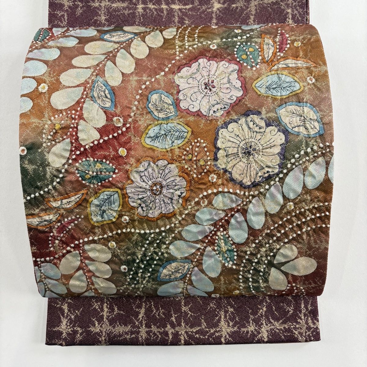 袋帯 落款 辻が花 金通し 赤茶 正絹