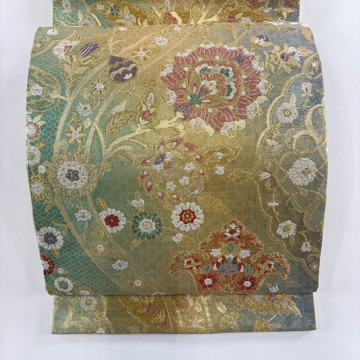 袋帯 証紙 花唐草 金糸 箔 金色 六通 正絹