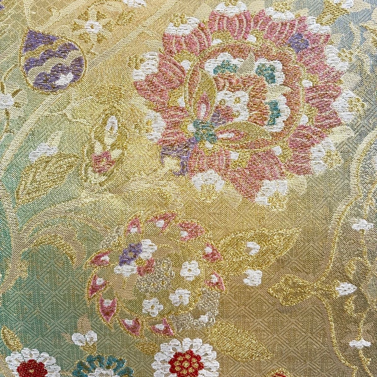 袋帯 証紙 花唐草 金糸 箔 金色 六通 正絹