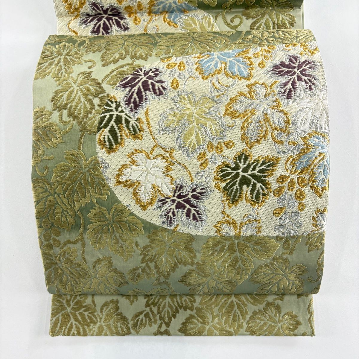 袋帯 葡萄 金銀糸 唐織 鶯色 六通 正絹