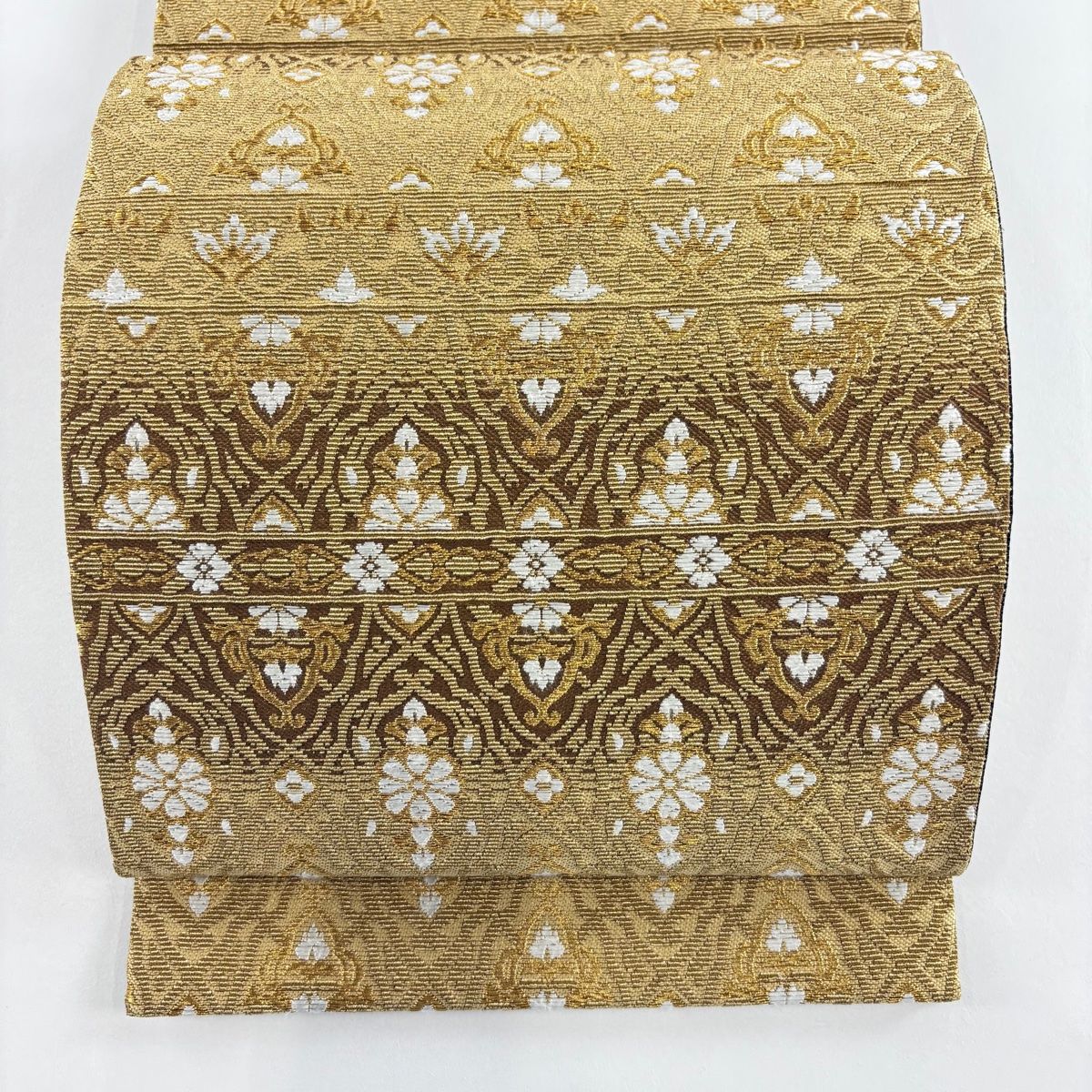 袋帯 草花 横段 金糸 山吹茶色 六通 正絹
