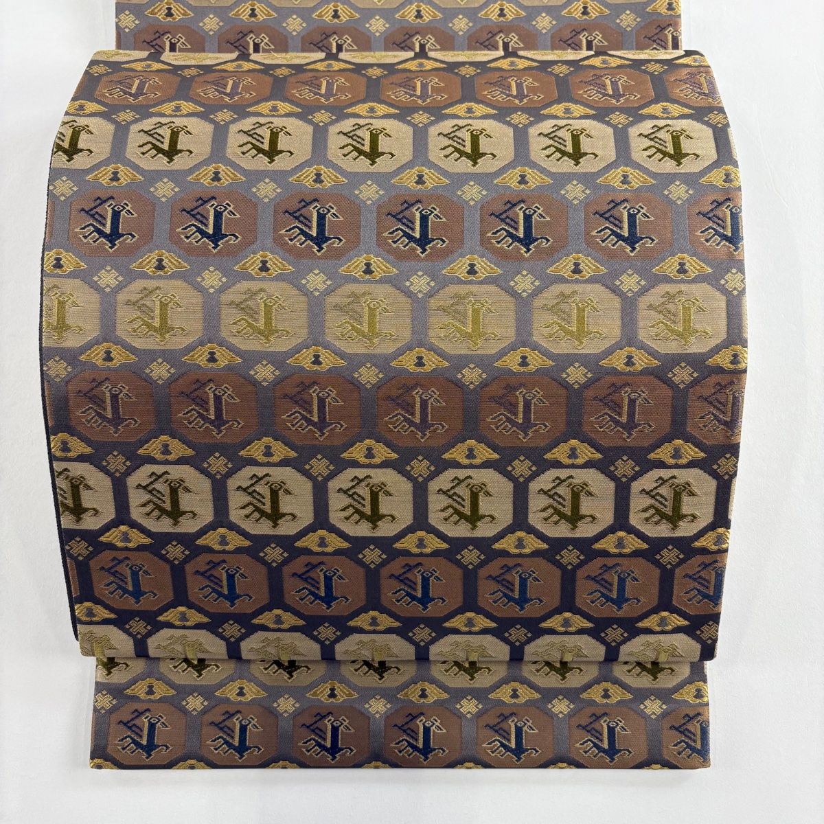 袋帯 箔屋清兵衛 落款 有栖川文 箔 草木染 灰茶 六通 正絹