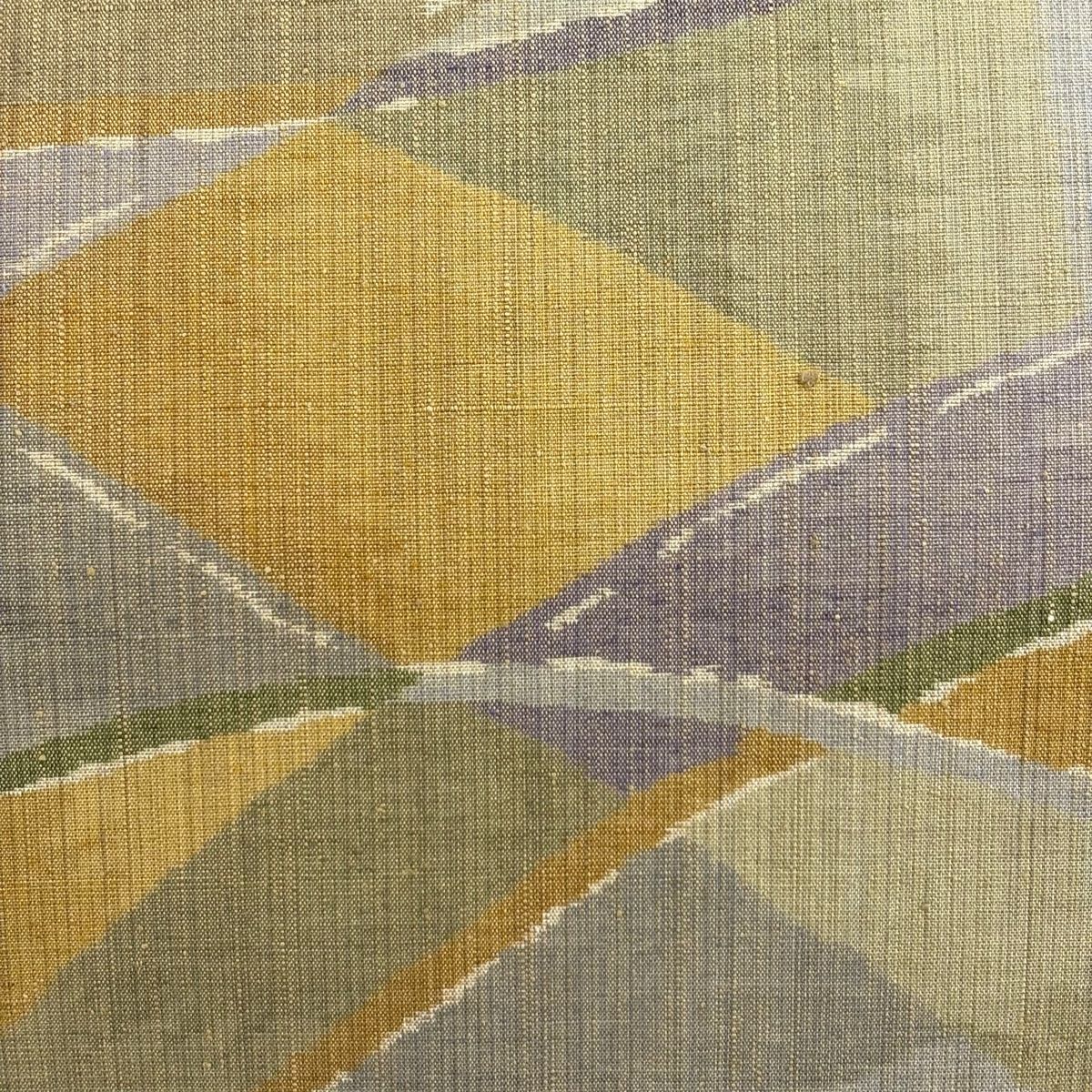 袋帯 紬地 幾何学模様 山吹色 全通 正絹