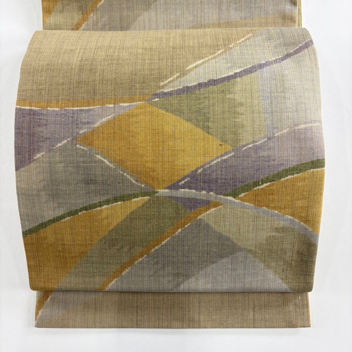 袋帯 紬地 幾何学模様 山吹色 全通 正絹