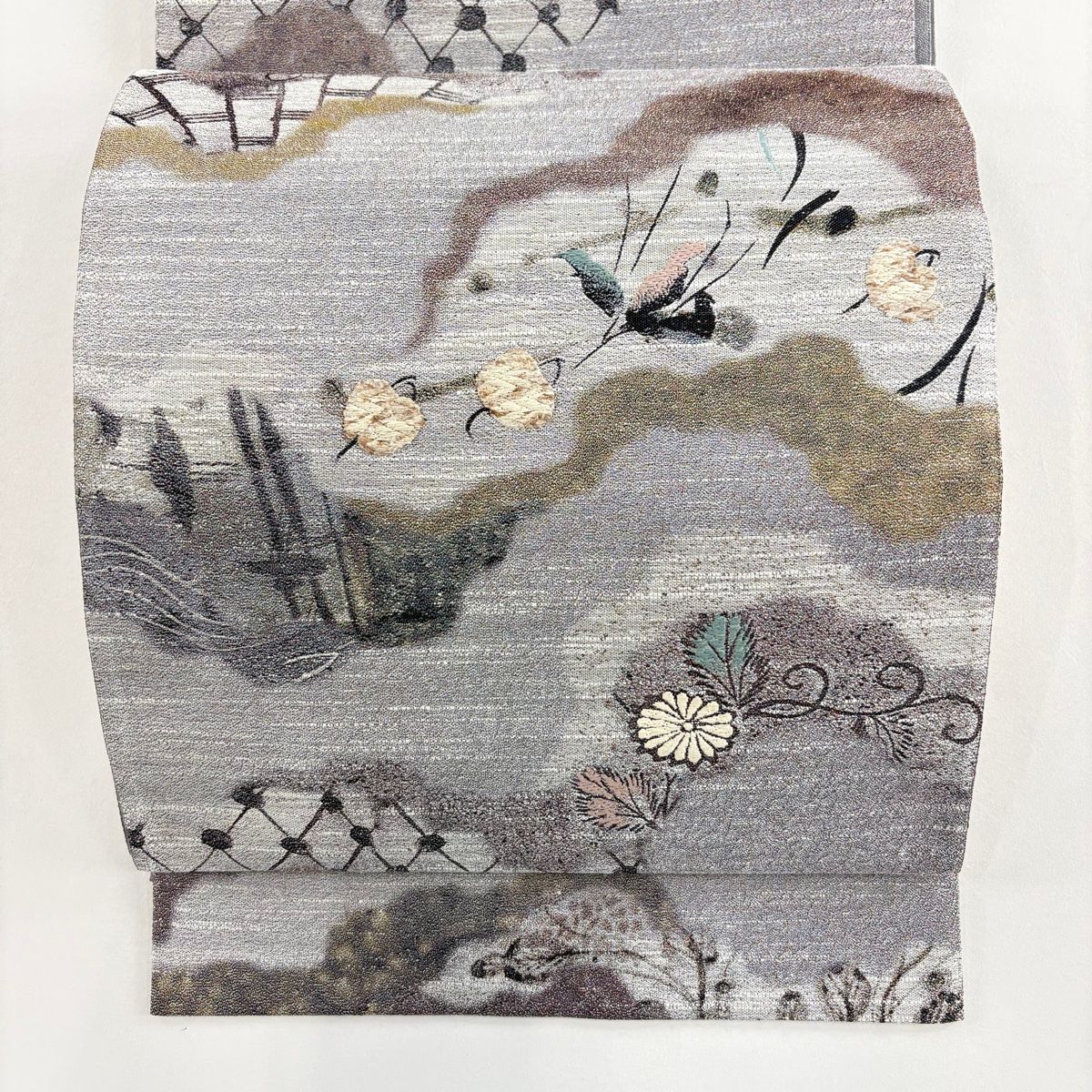 袋帯 道長取り 草花 灰紫 六通 正絹