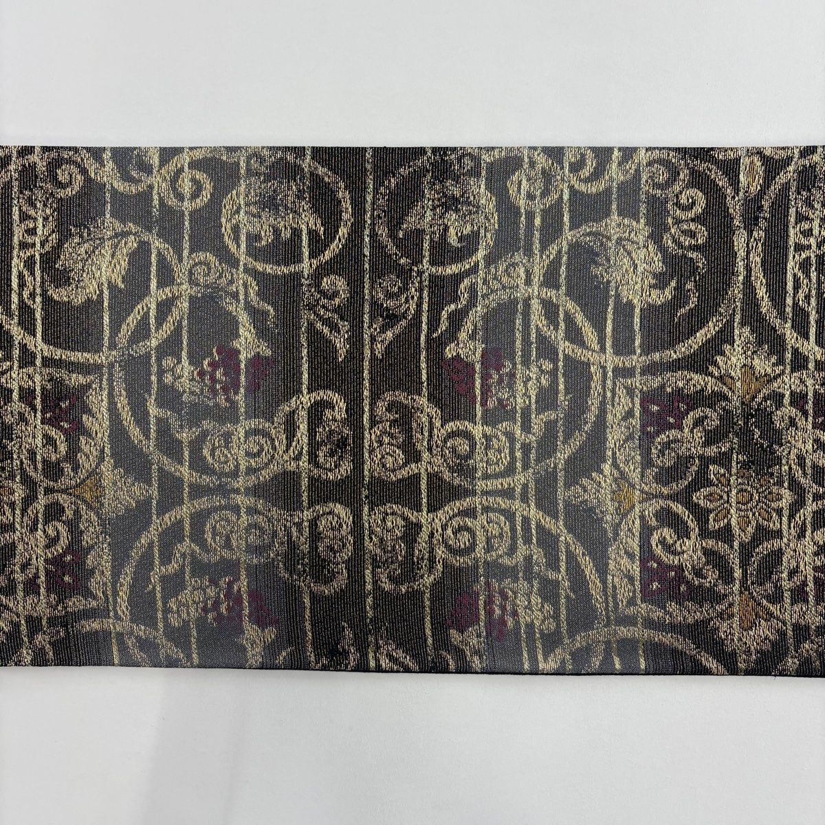  袋帯 華文 葡萄唐草 金糸 黒灰 六通 正絹 袋帯 帯