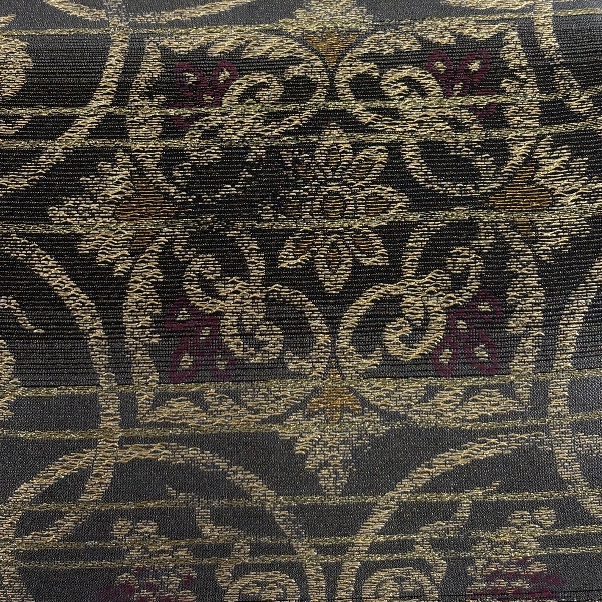 袋帯 華文 葡萄唐草 金糸 黒灰 六通 正絹