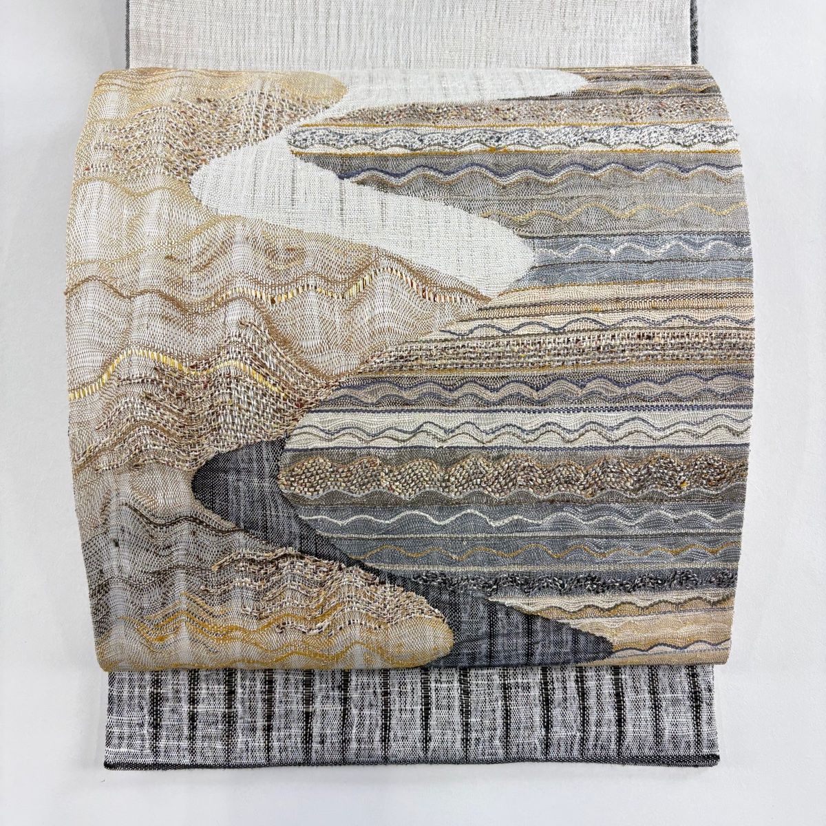 袋帯 波 幾何学模様 金銀糸 箔 灰色 お太鼓柄 正絹