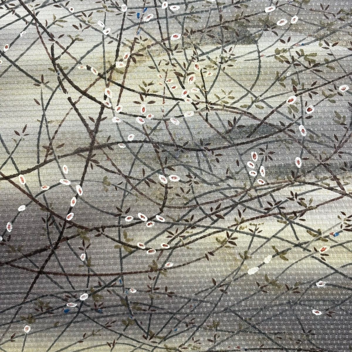 袋帯 樹木 霞 銀糸 茶紫 お太鼓柄 正絹