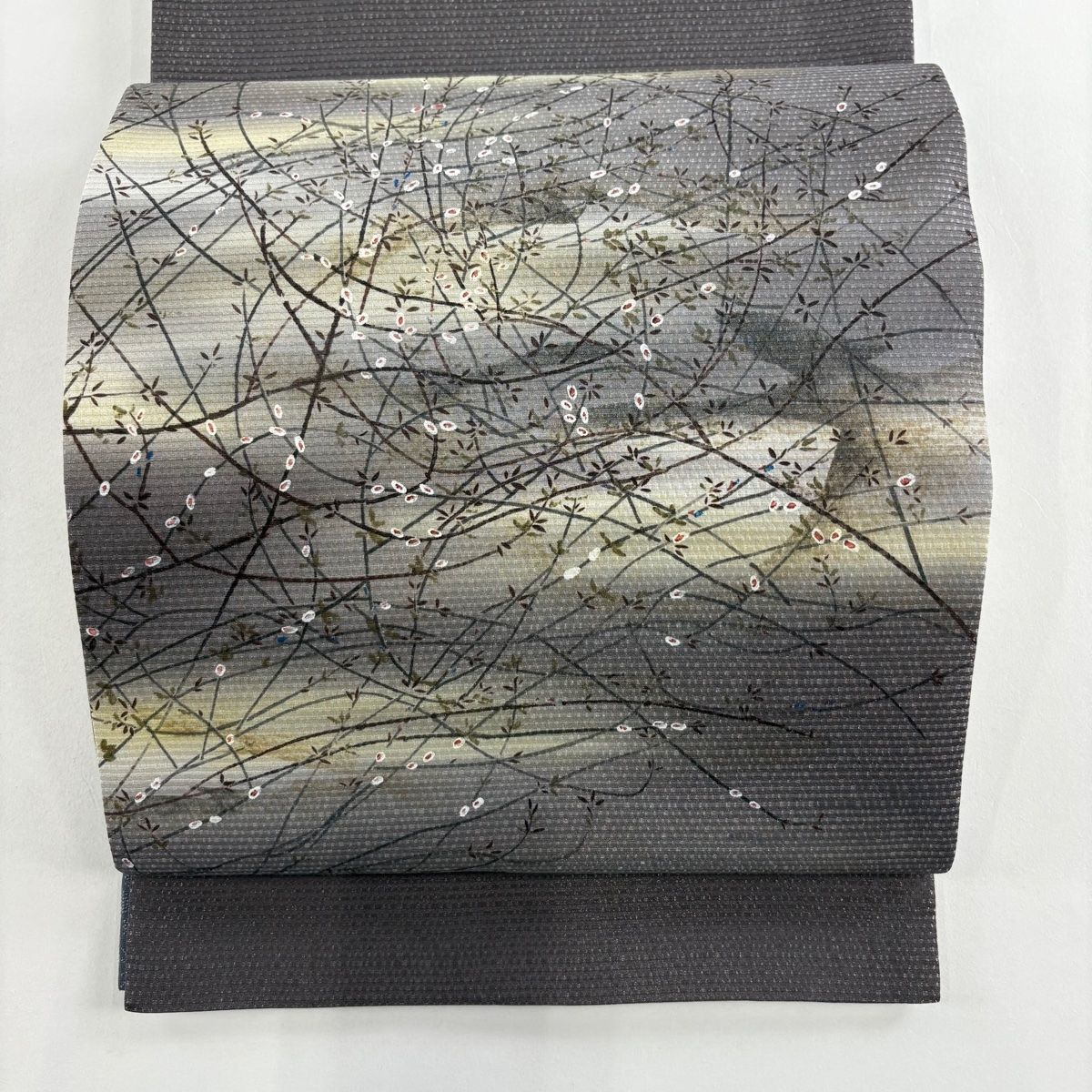 袋帯 樹木 霞 銀糸 茶紫 お太鼓柄 正絹