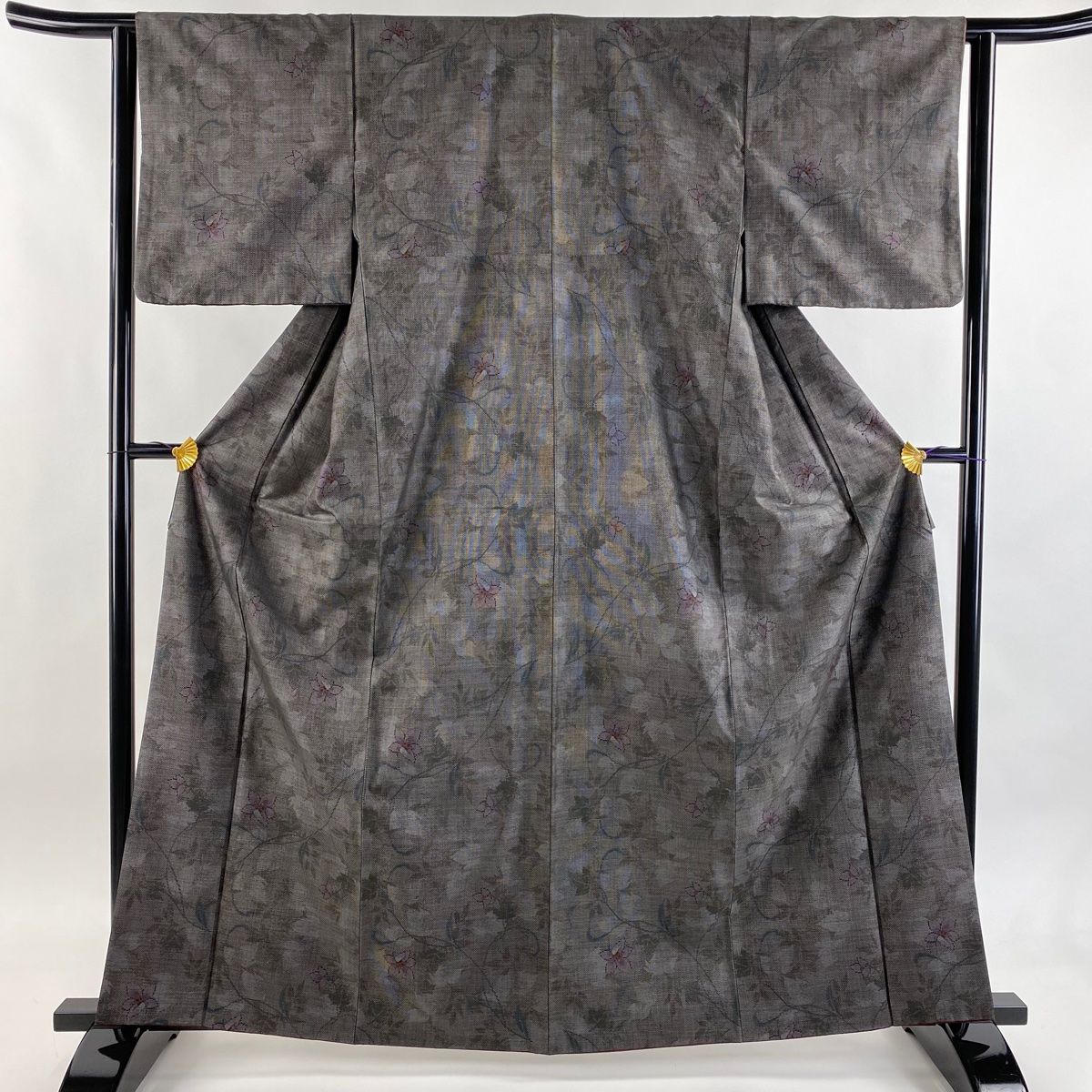 紬 身丈163 cm 裄丈62 5 S 袷 草花 灰茶 正絹 秀品