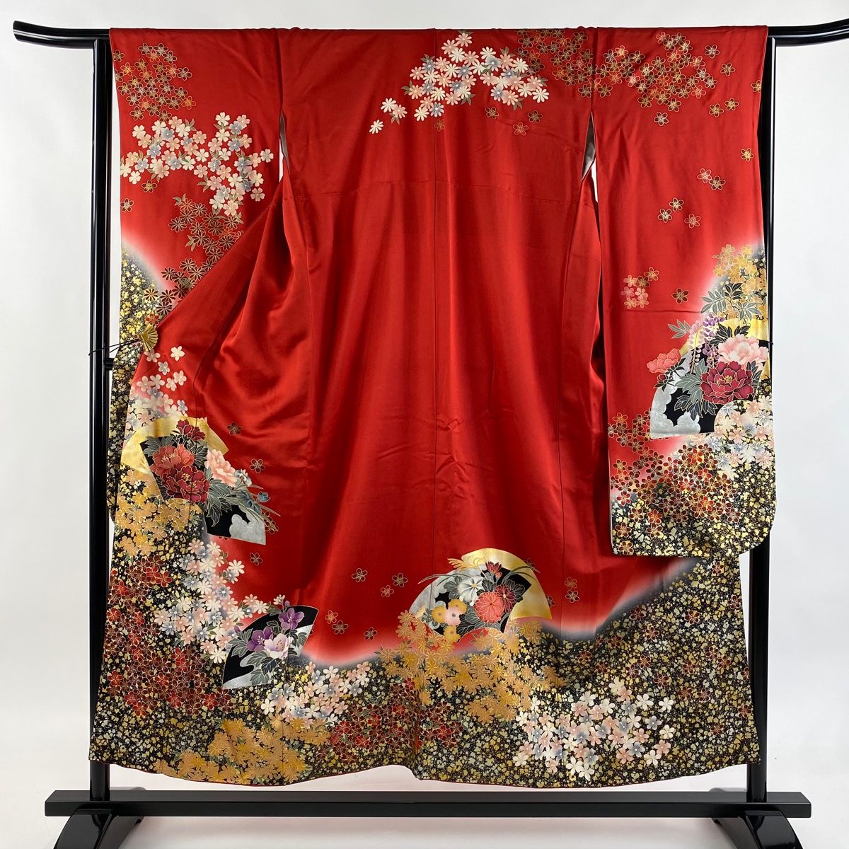 振袖 身丈150 cm 裄丈64 5 M 袷 扇面 牡丹 金糸 金銀彩 赤 正絹 秀品