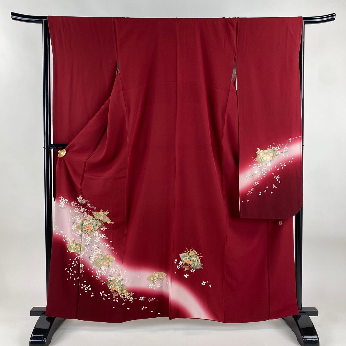 振袖 身丈162.5cm 裄丈66cm M 袷 落款 扇 枝垂れ桜 金彩 ぼかし 赤