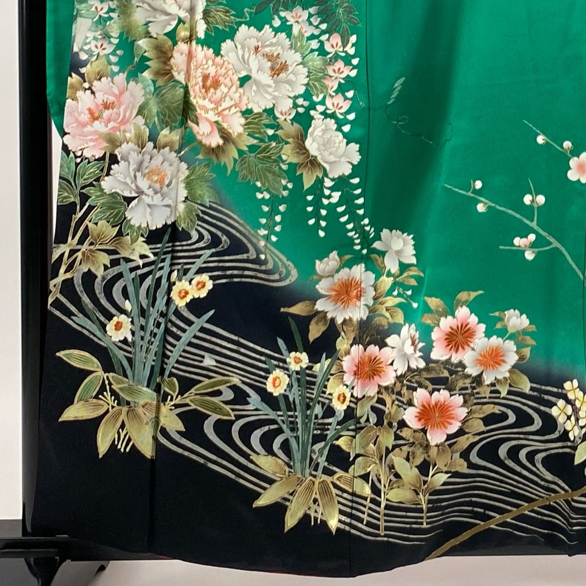 振袖 身丈159 cm 裄丈65 M 袷 牡丹 流水 金糸 金銀彩 緑 正絹 秀品