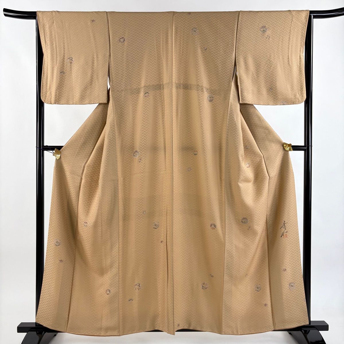 小紋 身丈158.5 cm 裄丈65 M 袷 浅井青仁 落款 花丸文 笹 金彩 薄オレンジ 正絹 秀品