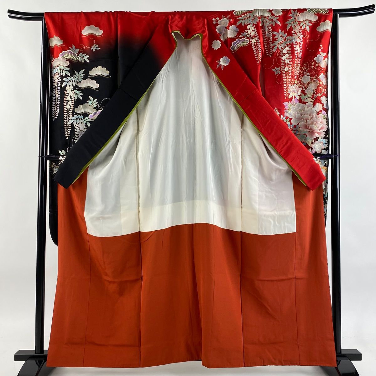  振袖 身丈160 cm 裄丈65 M 袷 鈴乃屋 孔雀 草花 金銀彩 金糸 赤 正絹 秀品 振袖 着物