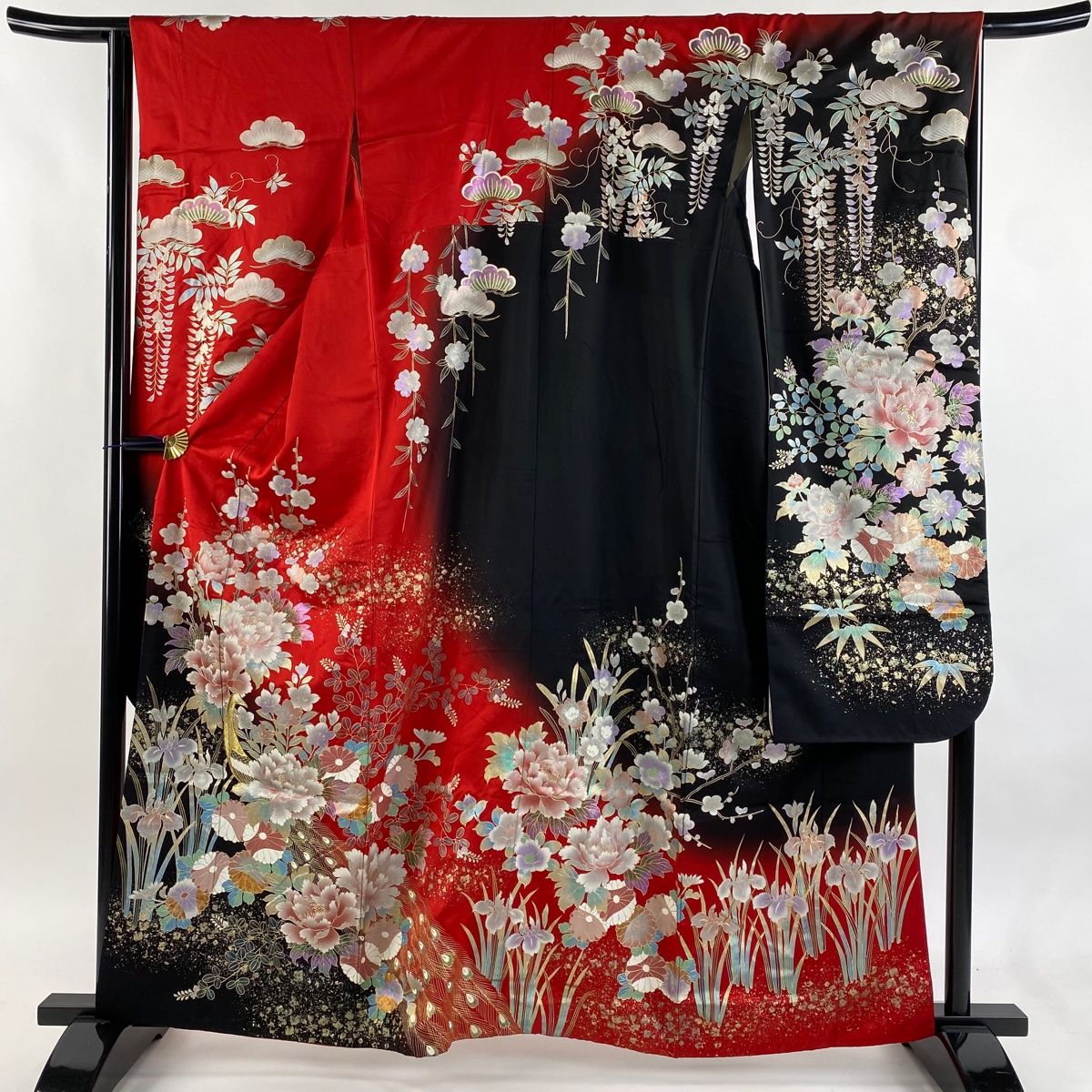 振袖 身丈160 cm 裄丈65 M 袷 鈴乃屋 孔雀 草花 金銀彩 金糸 赤 正絹 秀品