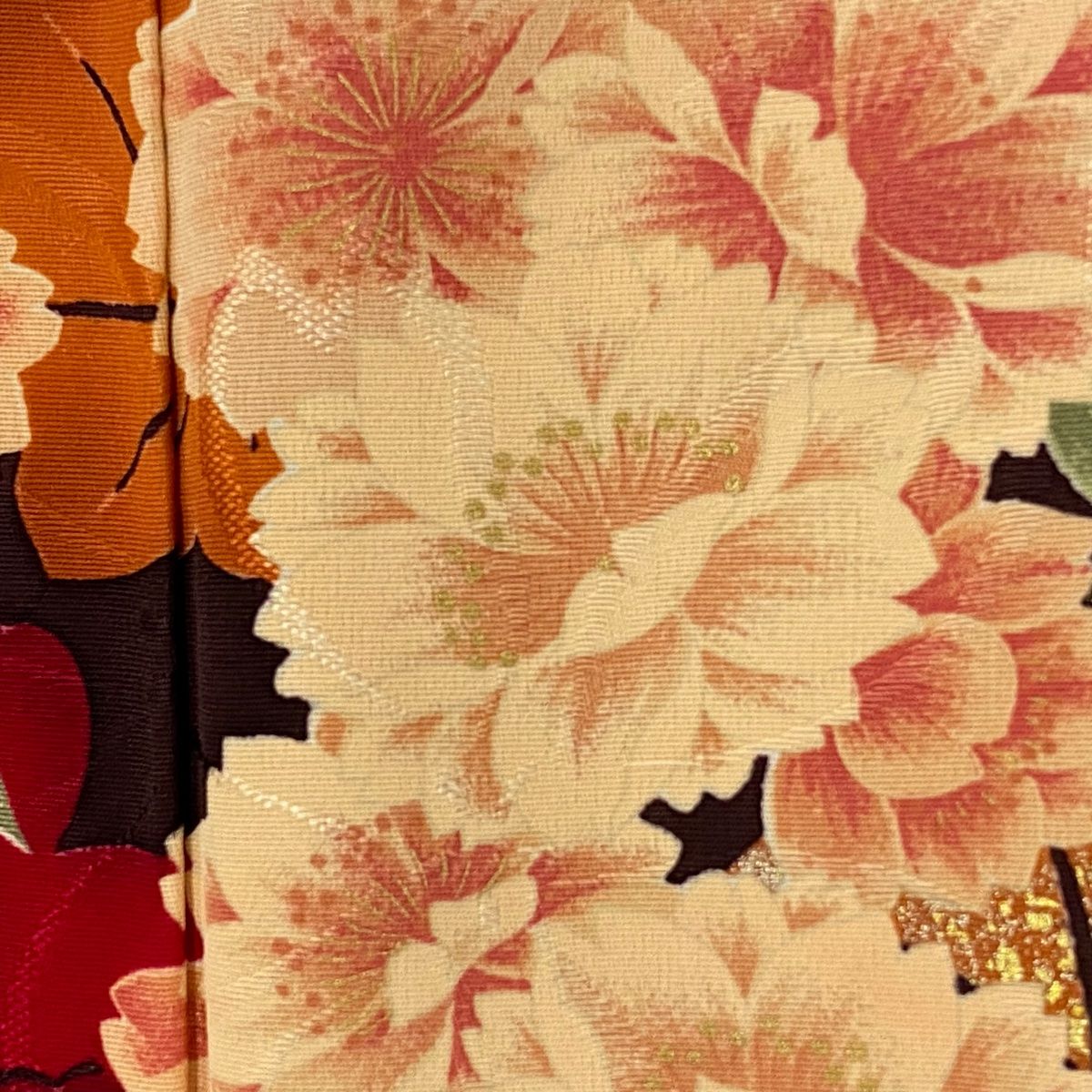  振袖 身丈166 5 cm 裄丈68 L 袷 草花 桜 刺繍 金糸 焦茶色 正絹 秀品 振袖 着物