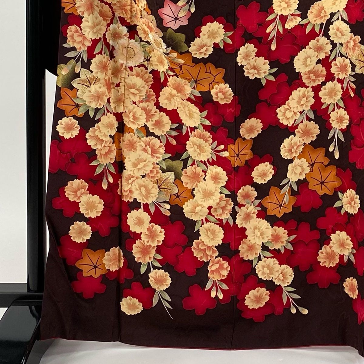振袖 身丈166 5 cm 裄丈68 L 袷 草花 桜 刺繍 金糸 焦茶色 正絹 秀品