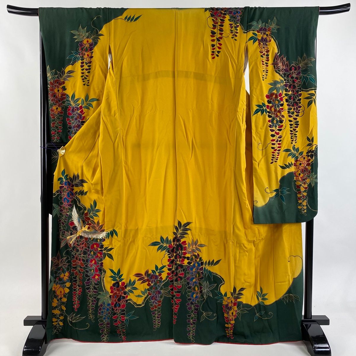 振袖 身丈167 cm 裄丈67 5 L 袷 鳥 藤 金銀彩 深緑 正絹 秀品