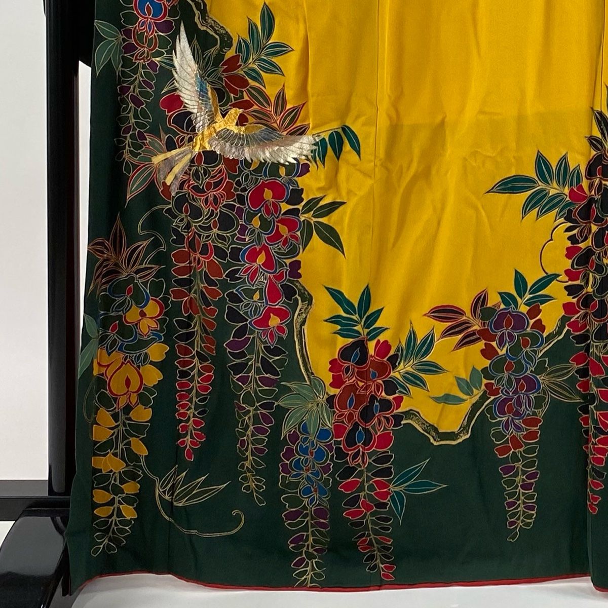 振袖 身丈167 cm 裄丈67.5 L 袷 鳥 藤 金銀彩 深緑 正絹 秀品