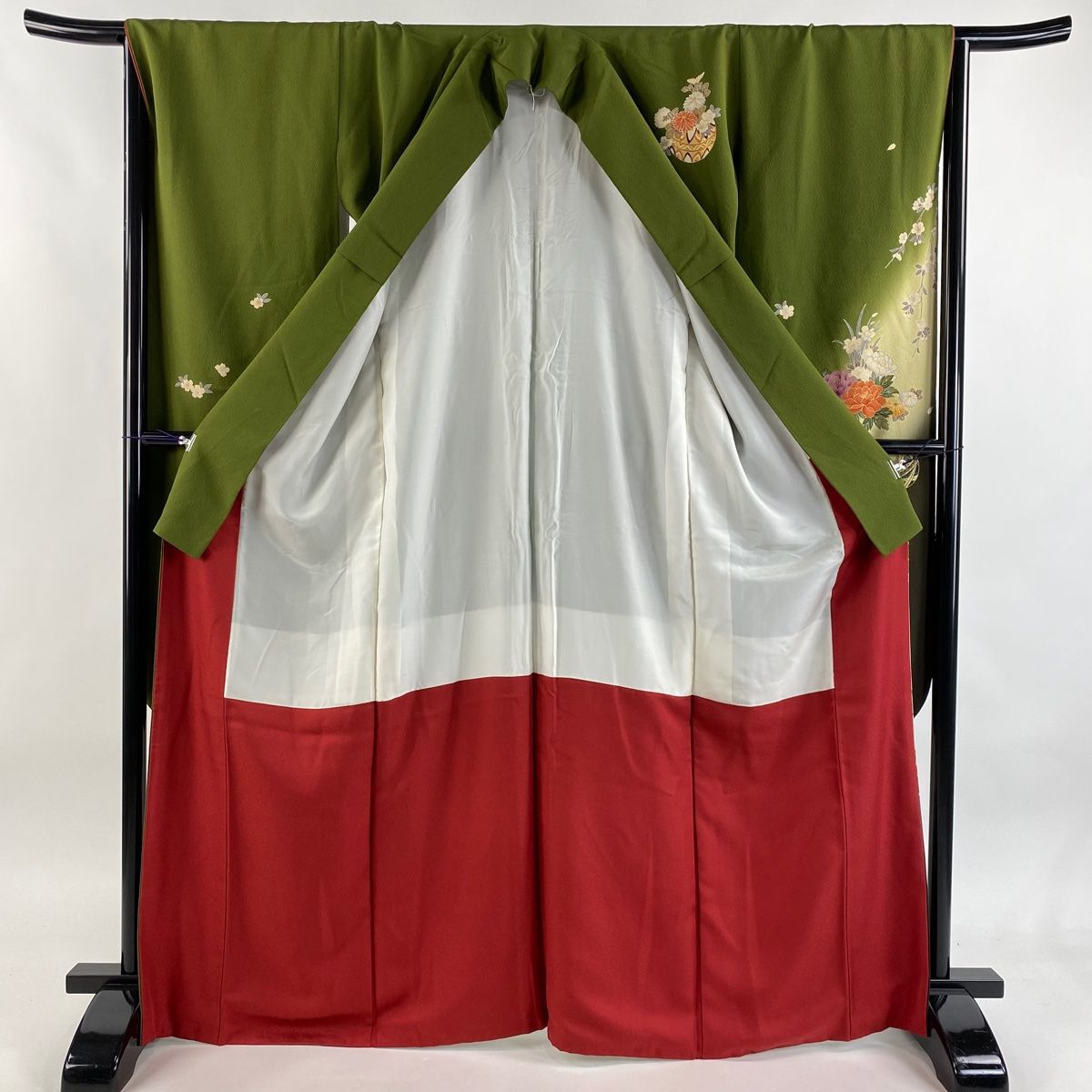  振袖 身丈166 cm 裄丈67 M 袷 手鞠 草花 金彩 ぼかし 鶯色 正絹 秀品 振袖 着物