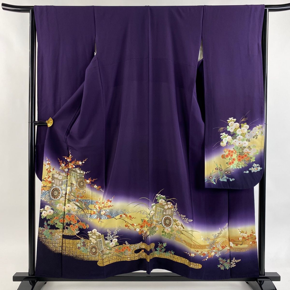 振袖 身丈158 cm 裄丈64.5 M 袷 御所車 枝梅 金銀彩 ラメ 濃紫 正絹 秀品