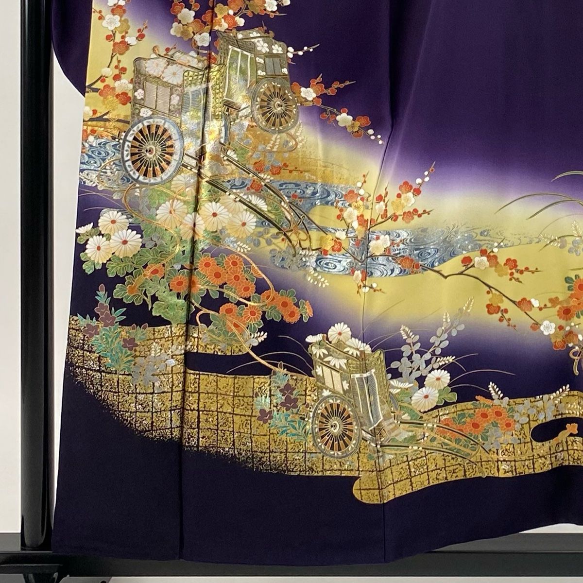 振袖 身丈158 cm 裄丈64 5 M 袷 御所車 枝梅 金銀彩 ラメ 濃紫 正絹 秀品