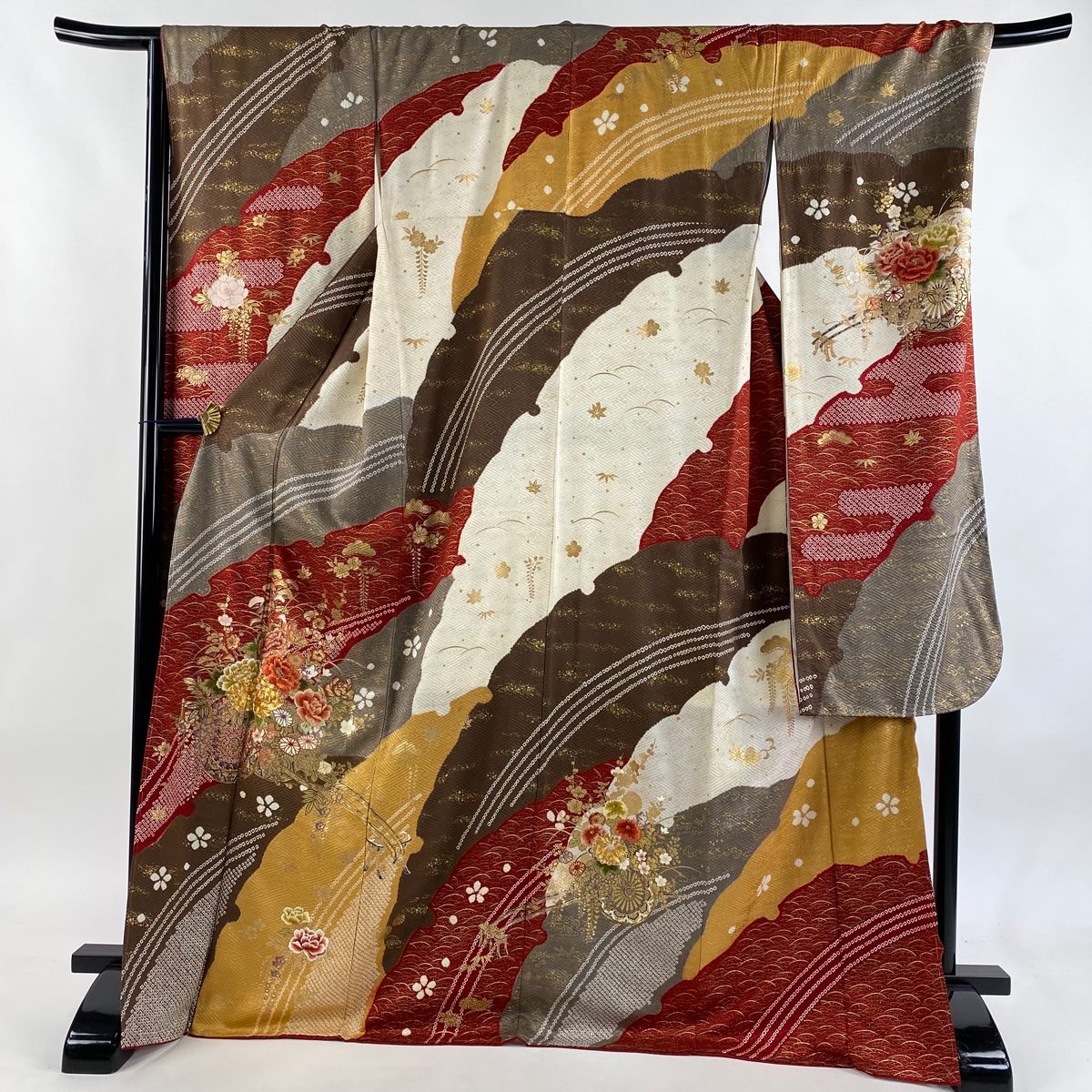 振袖 身丈171 cm 裄丈69 L 袷 鈴乃屋 御所車 雪輪 刺繍 絞り 茶色 正絹 秀品