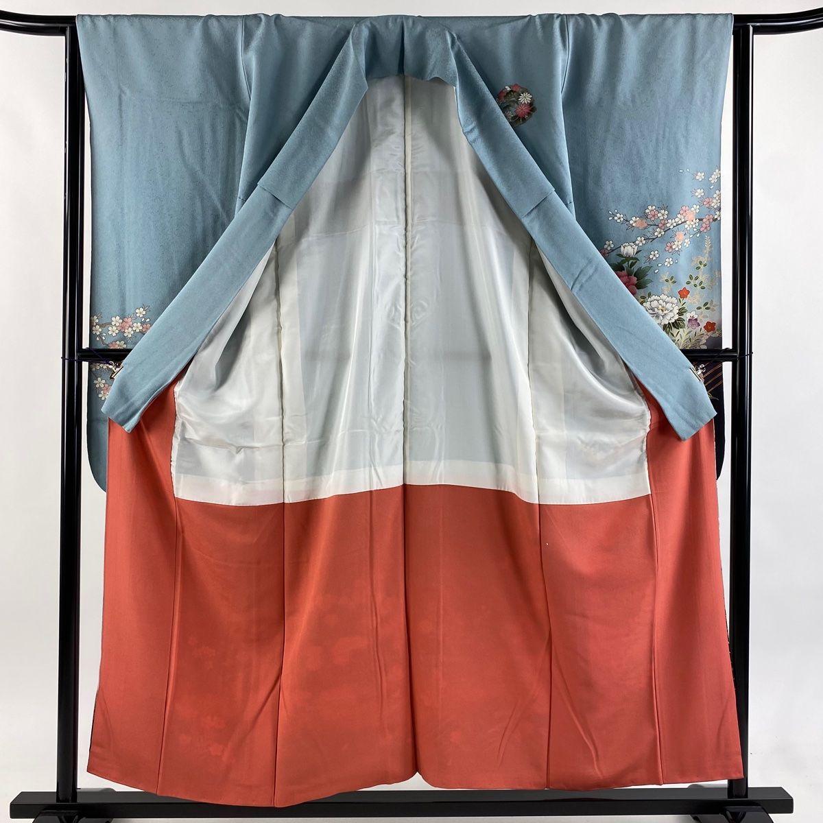 振袖 身丈155cm 裄丈64cm M 袷 御所車 牡丹 刺繍 金彩 水色 正絹 秀品