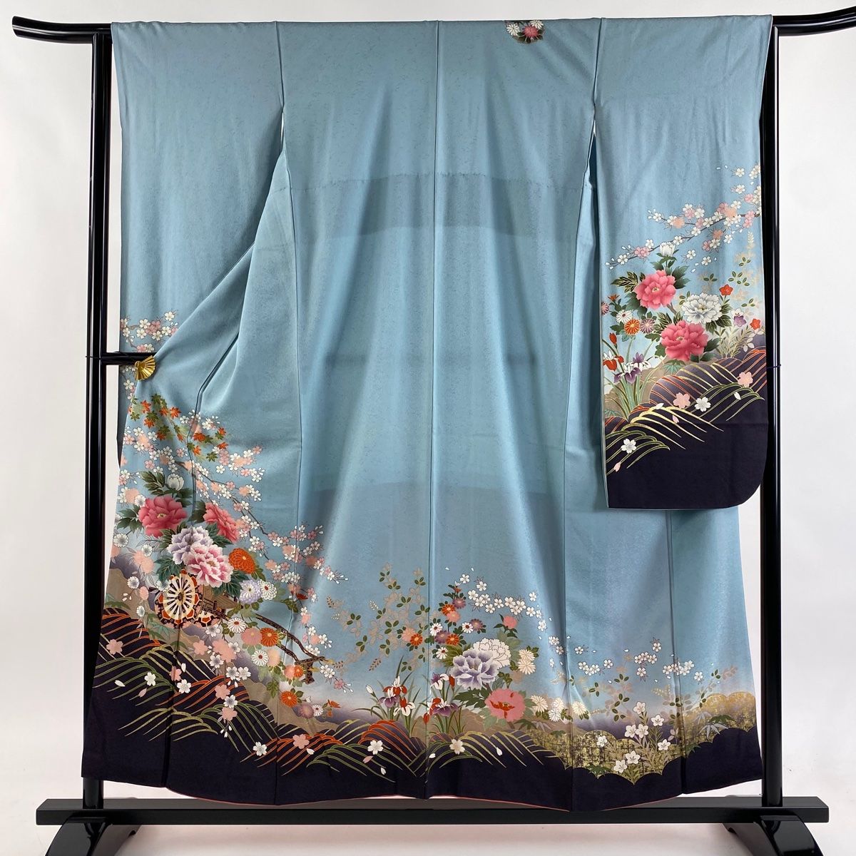 振袖 身丈155cm 裄丈64cm M 袷 御所車 牡丹 刺繍 金彩 水色 正絹 秀品