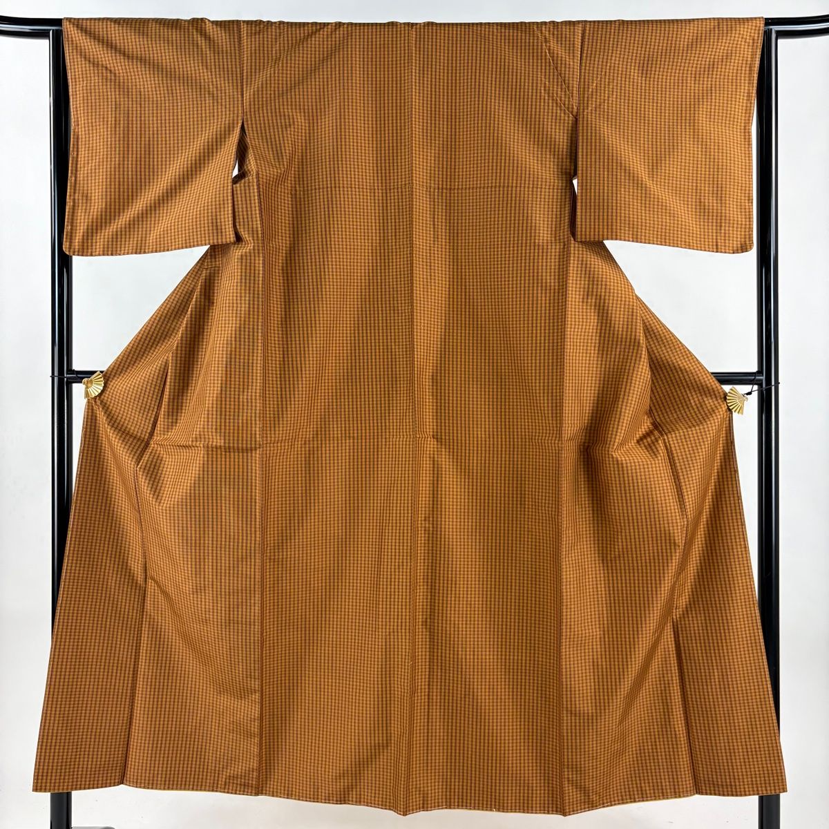 紬 身丈151.5 cm 裄丈64 M 袷 本場黄八丈 証紙 格子 茶色 正絹