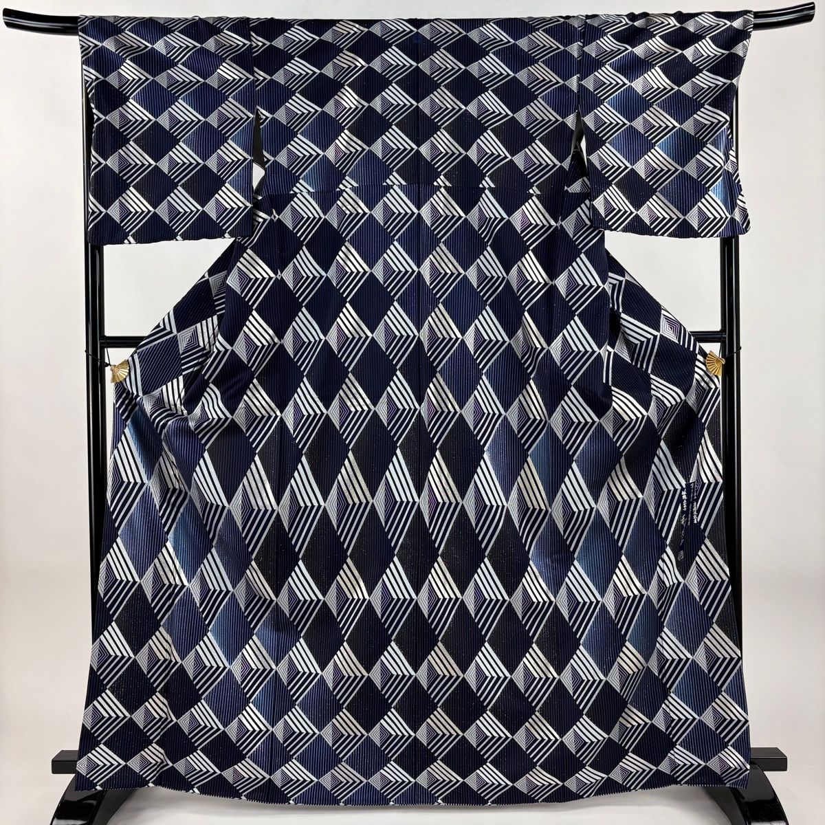 美品】 付下げ 身丈166.5cm 裄丈69cm L 袷 和田光正 落款 菱 縞 ラメ