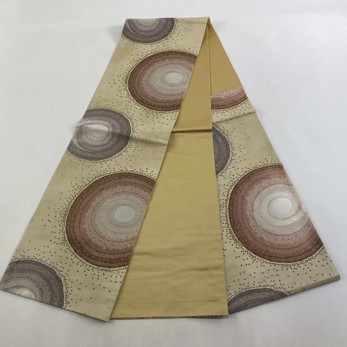  袋帯 秀品 円寿 丸 幾何学 箔 ベージュ 六通 正絹 袋帯 帯