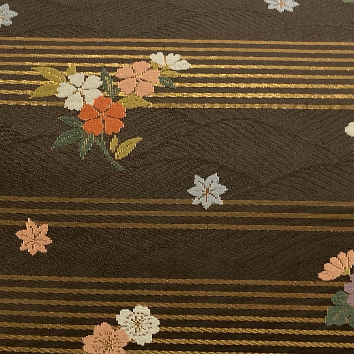 名古屋帯 秀品 桜 菊 箔 刺繍 茶色 正絹