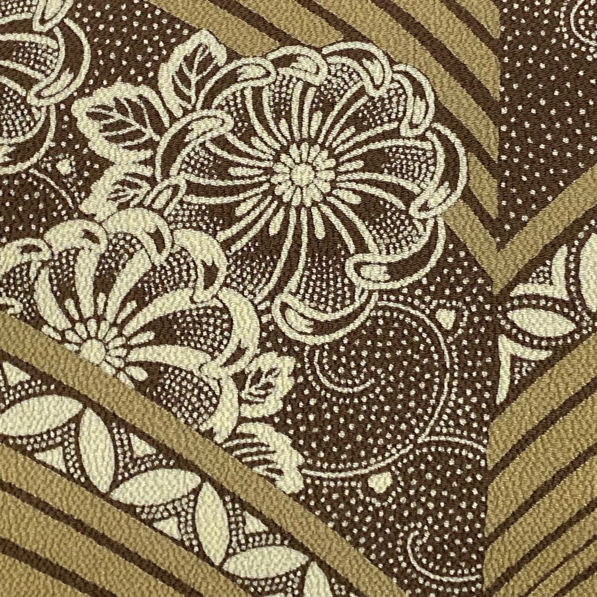 名古屋帯 秀品 落款 越後型染 花 唐草 縮緬 茶色 正絹