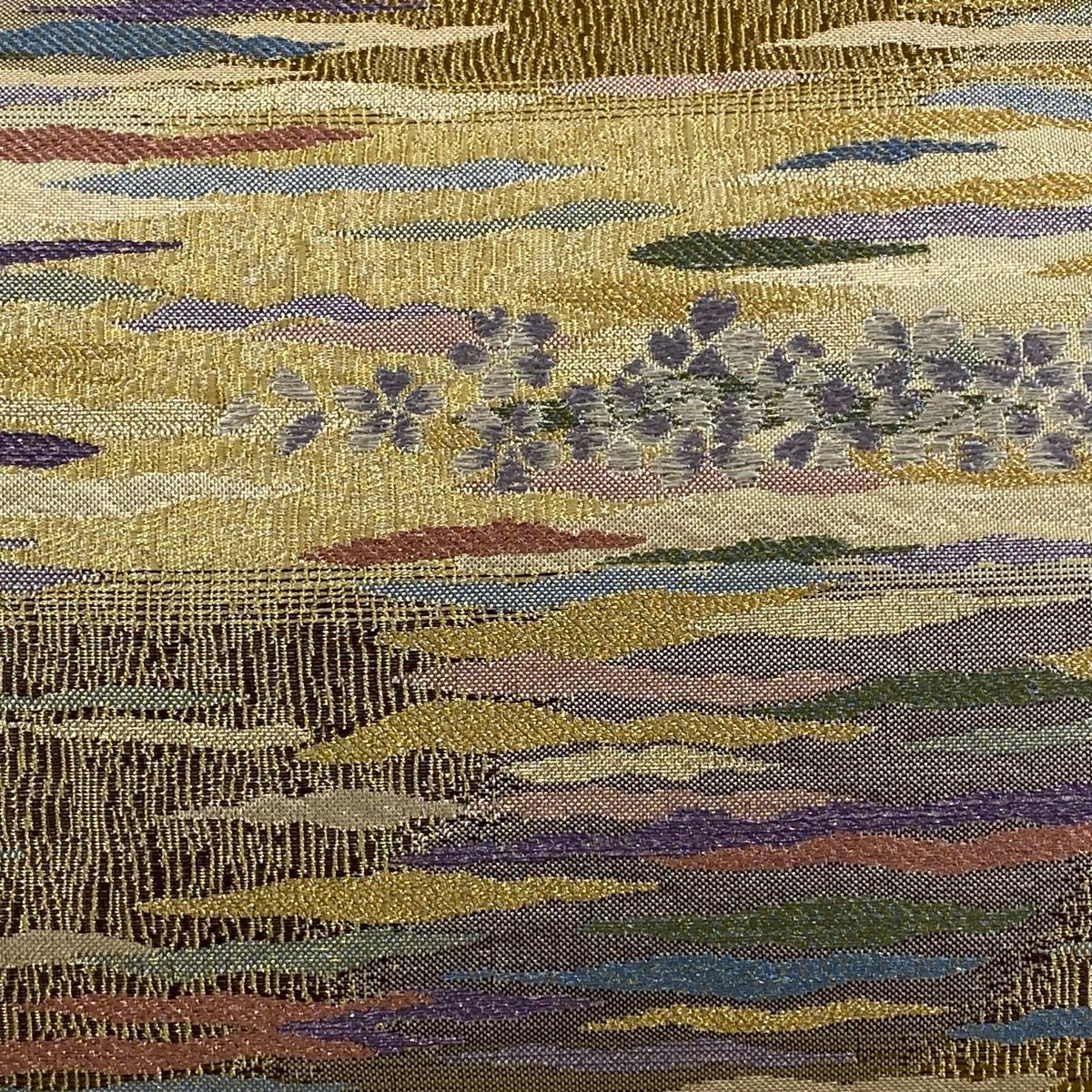 袋帯 秀品 霞 桜 箔 ベージュ 六通 正絹