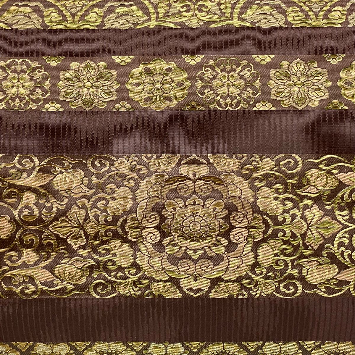 袋帯 秀品 横段 華文 箔 茶紫 お太鼓柄 正絹