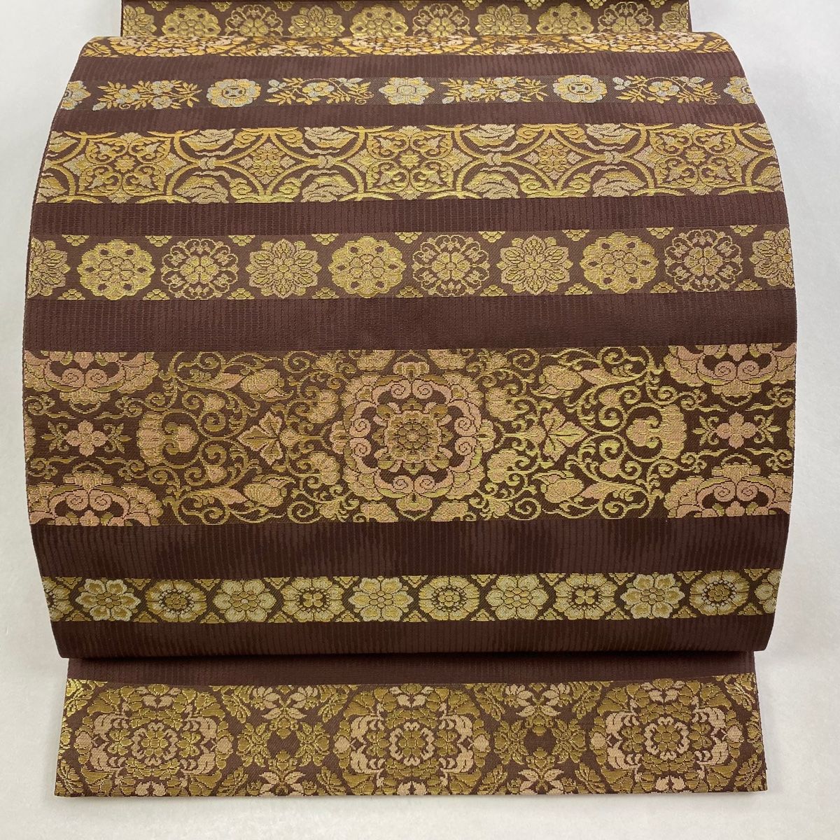 袋帯 秀品 横段 華文 箔 茶紫 お太鼓柄 正絹