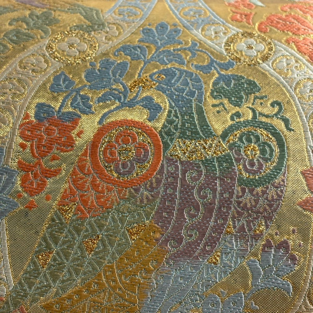 袋帯 秀品 落款 関西仕立て 草花 動物 金糸 箔 金色 六通 正絹