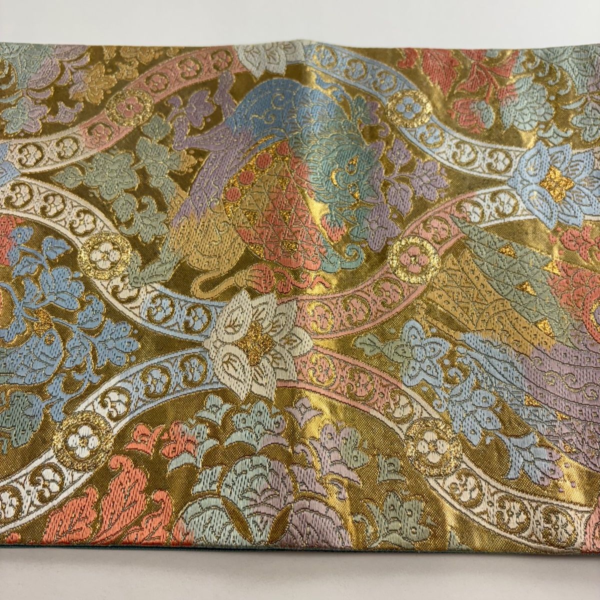  袋帯 秀品 落款 関西仕立て 草花 動物 金糸 箔 金色 六通 正絹 袋帯 帯