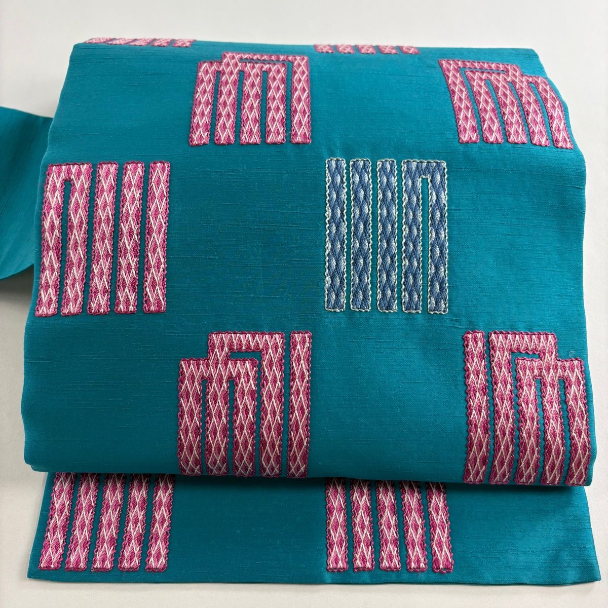 名古屋帯 秀品 紬地 源氏香 刺繍 金糸 青緑 正絹