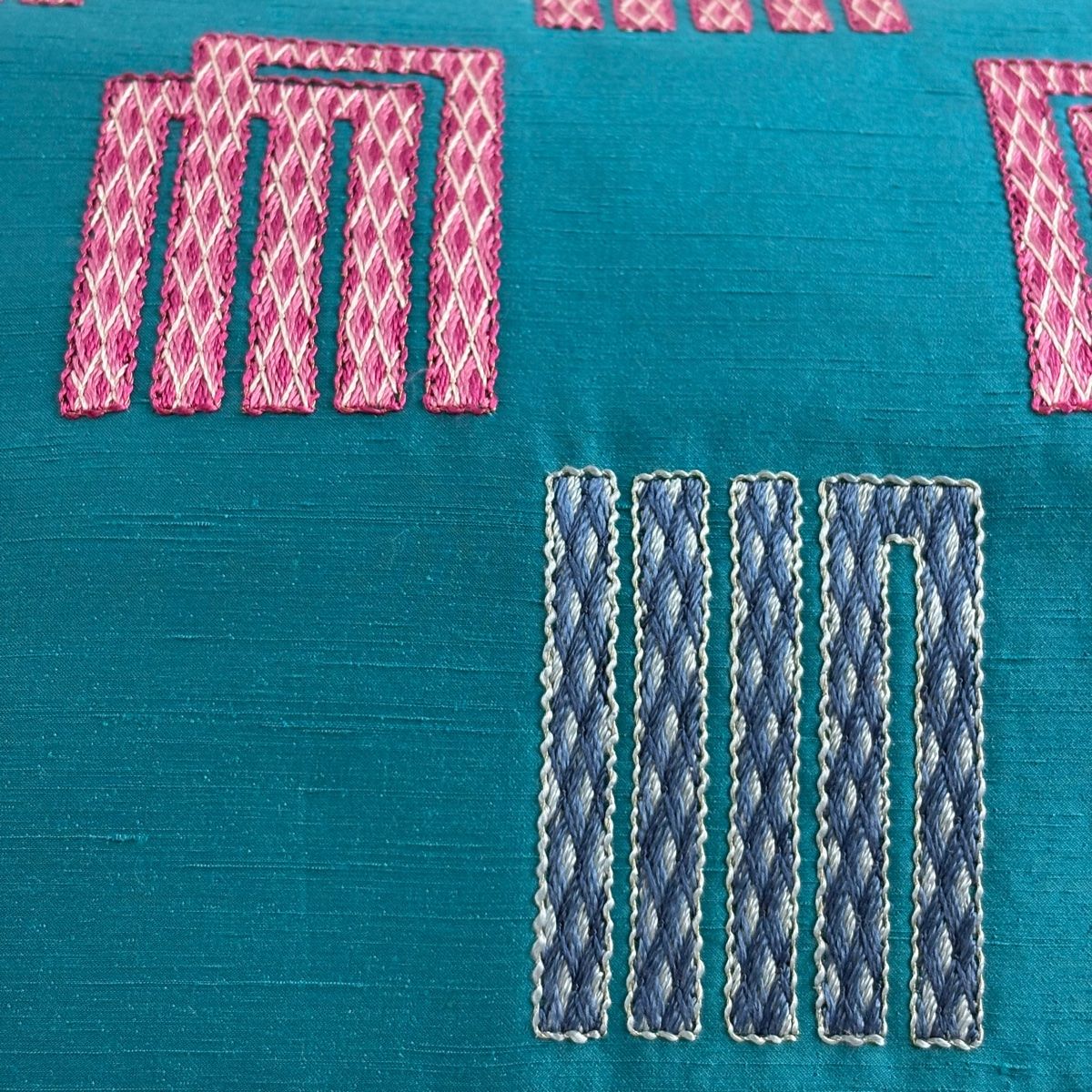 名古屋帯 秀品 紬地 源氏香 刺繍 金糸 青緑 正絹