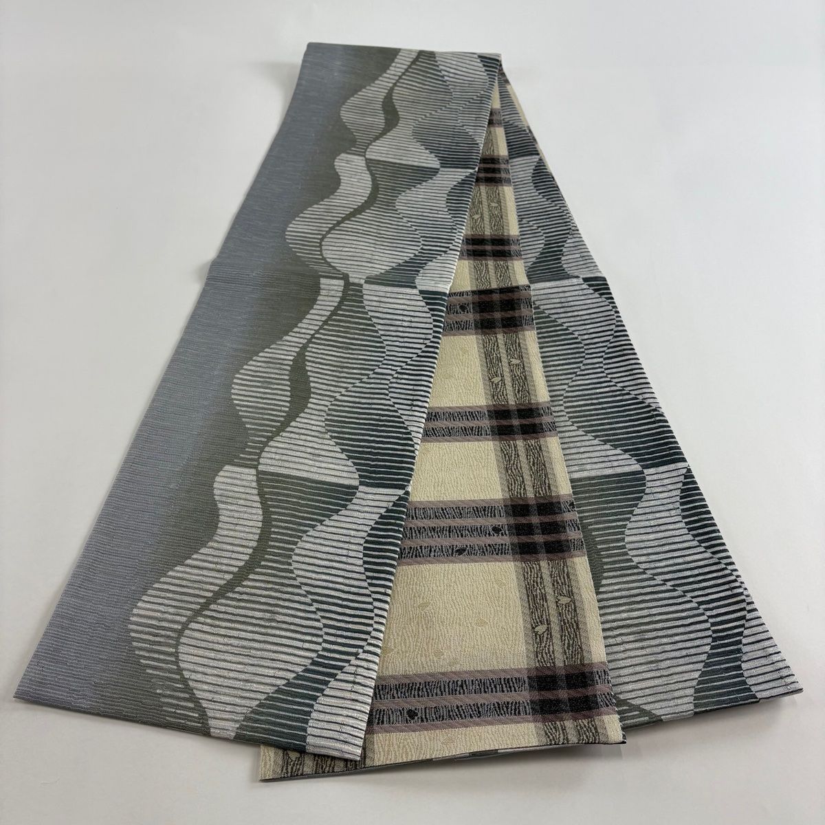  袋帯 秀品 証紙 よろけ縞 縞 金銀糸 灰色 全通 正絹 袋帯 帯