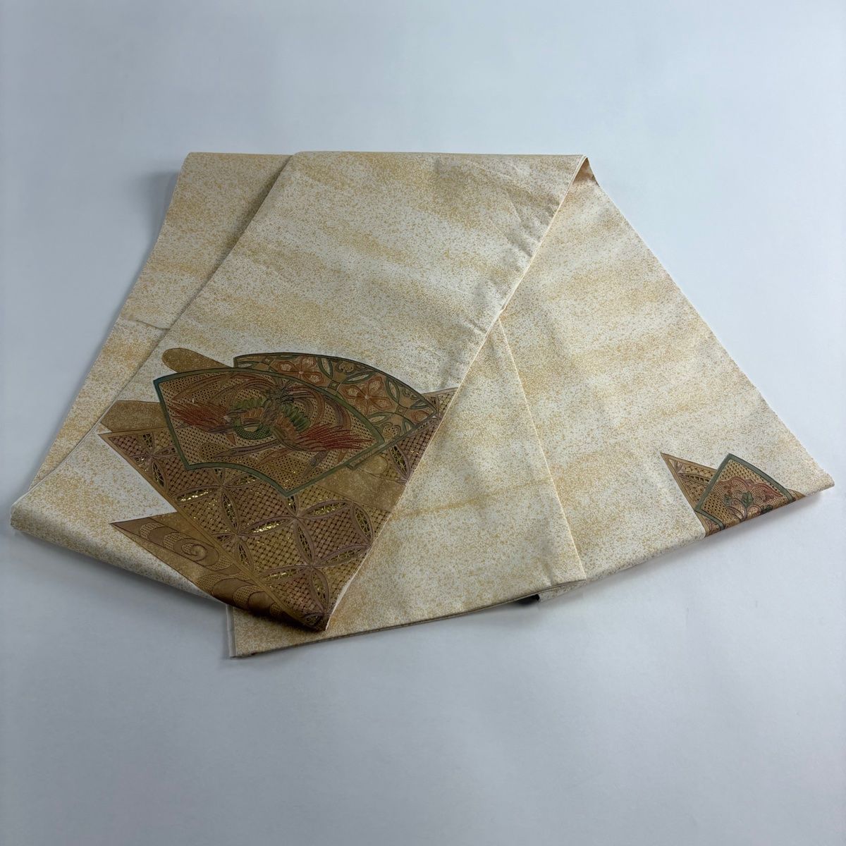  袋帯 秀品 扇面 鳳凰 刺繍 金彩 クリーム お太鼓柄 正絹 袋帯 帯
