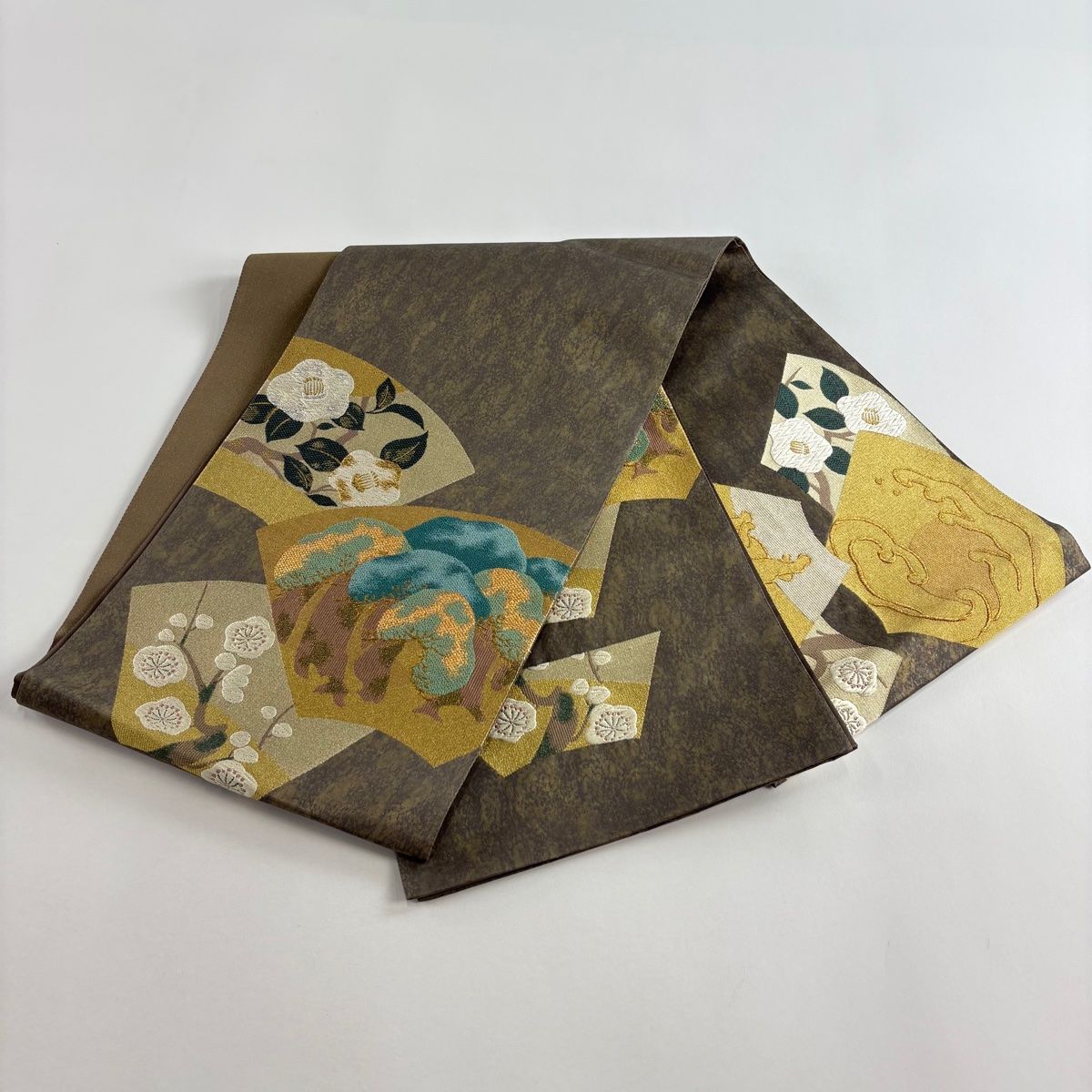  袋帯 秀品 椿 松梅 金銀糸 箔 灰茶 お太鼓柄 正絹 袋帯 帯