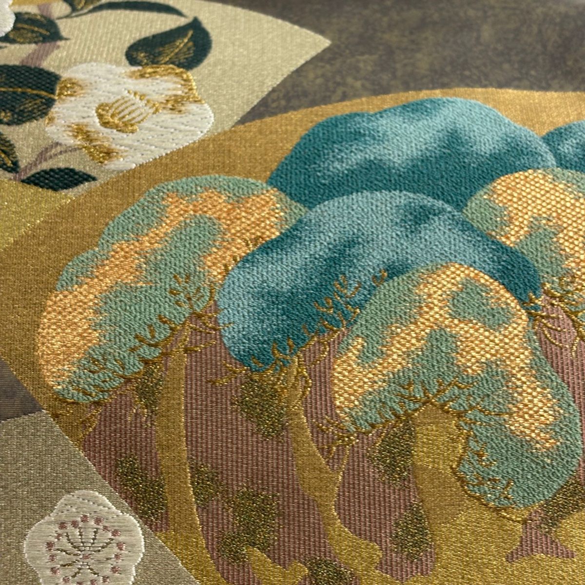 袋帯 秀品 椿 松梅 金銀糸 箔 灰茶 お太鼓柄 正絹